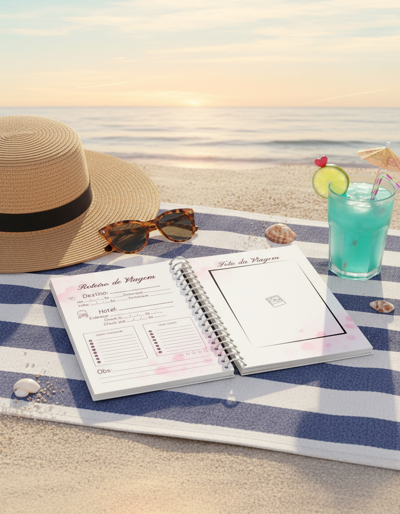 Planner de viagem personalizado aberto na praia com espaço para roteiro e fotos